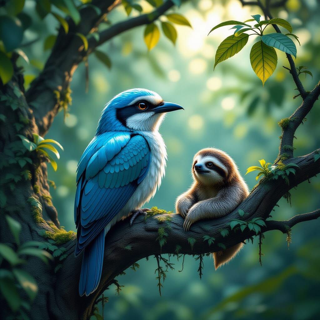 Glass Bird and Sloth in Fantastical Tree