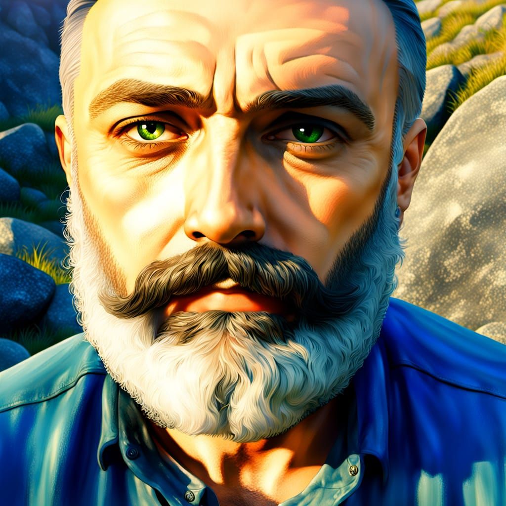 Hyperrealistic Man Pushing Boulder Uphill