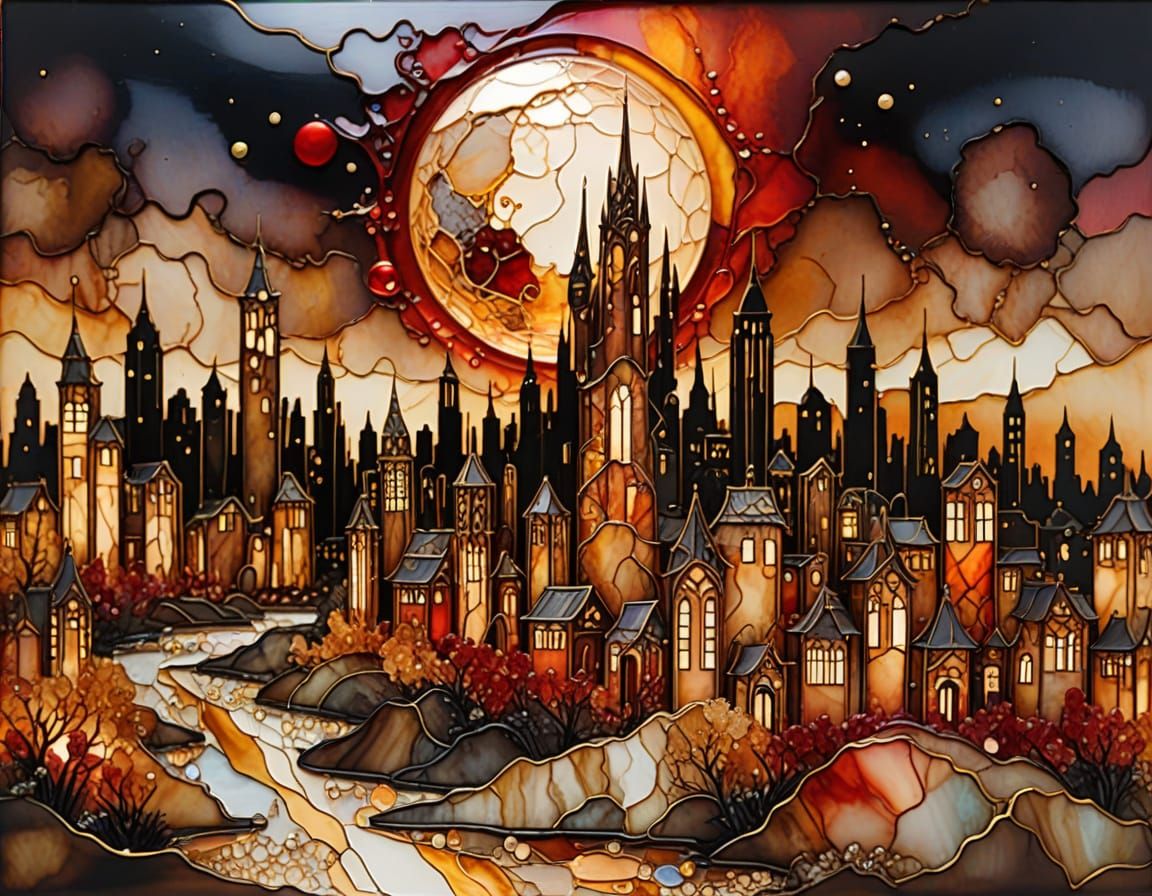 3D Blood Moon Over Derelict Cityscape in Iridescent Alcohol ...