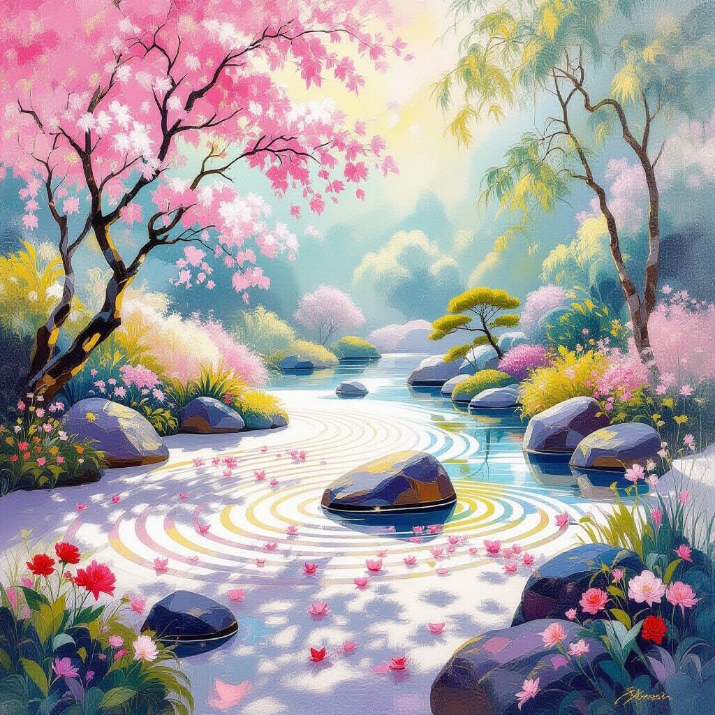 Zen Garden in Modern Impressionistic Style