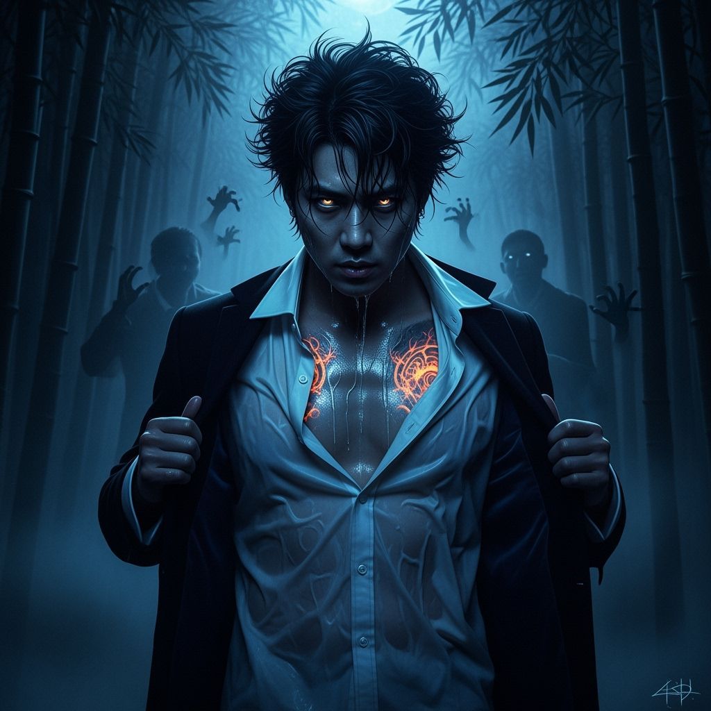 Mysterious Man in Bamboo Forest with Eerie Moonlight
