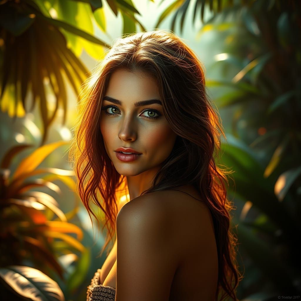 Hyperrealistic Portrait of a Woman in Tropical Rainforest