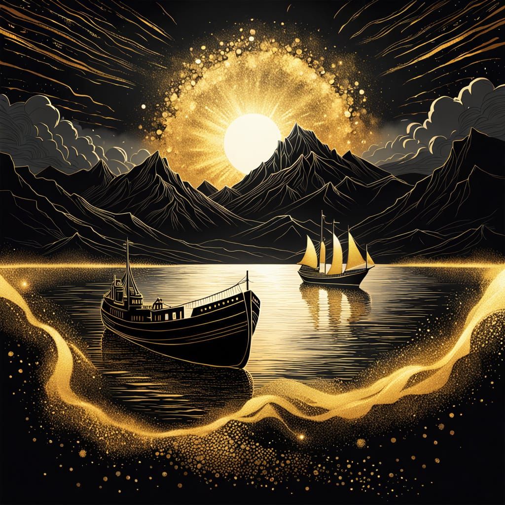 Golden Ship Illustration with Dramatic Chiaroscuro Lighting