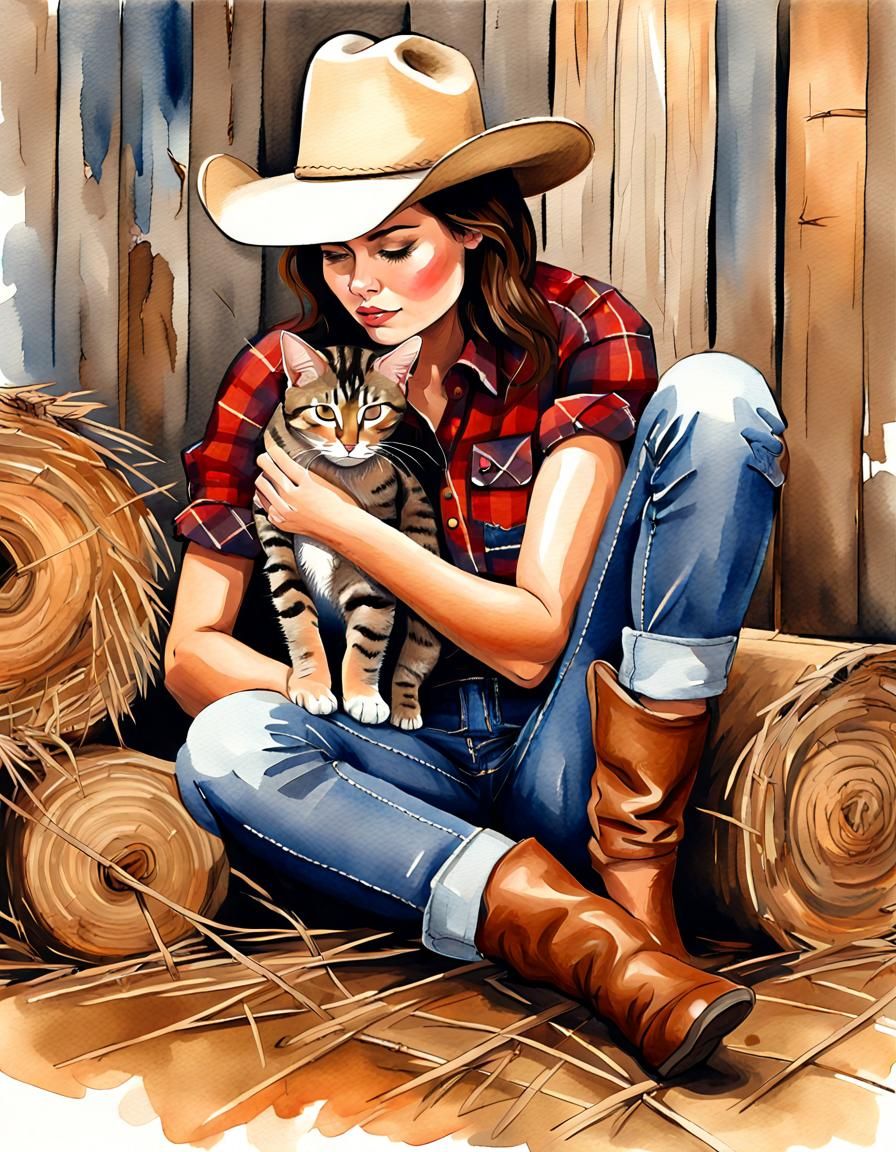 Young Woman Petting Cat on Ranch in Watercolor