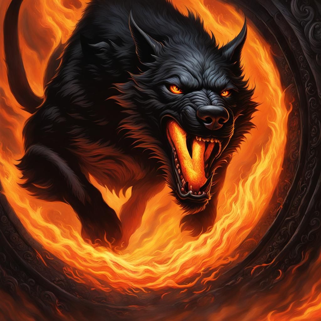Fiery Hellhound Leaping Through a Portal