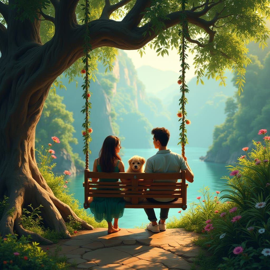 Idyllic Home Garden Scene with Loving Couple and Playful Dog