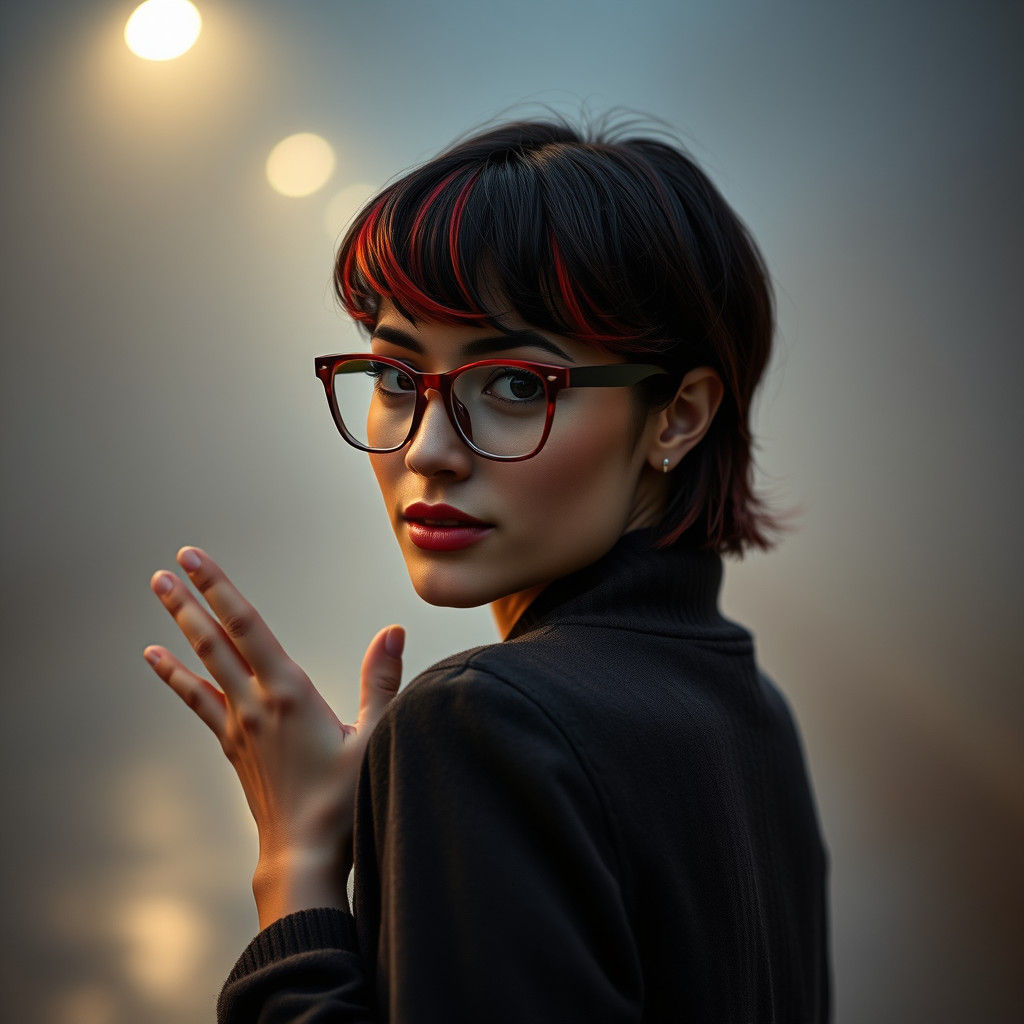 Woman with Red Streak Waving Goodbye: Hyperrealistic Image