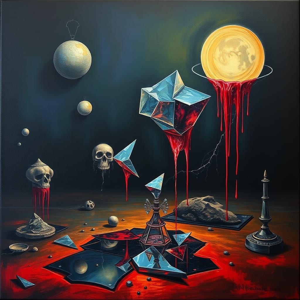 dark, surreal, neon, reflective, broken bleeding glass, geometry, shapes, spiritual, haunting, creepy, ethereal, atmosph...