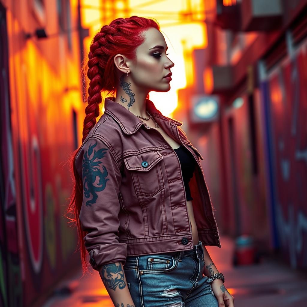 Cyberpunk Woman with Tattoos and Braided Red Hair
