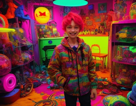 Unsettling Surreal Portrait of a Boy in a Garish Room