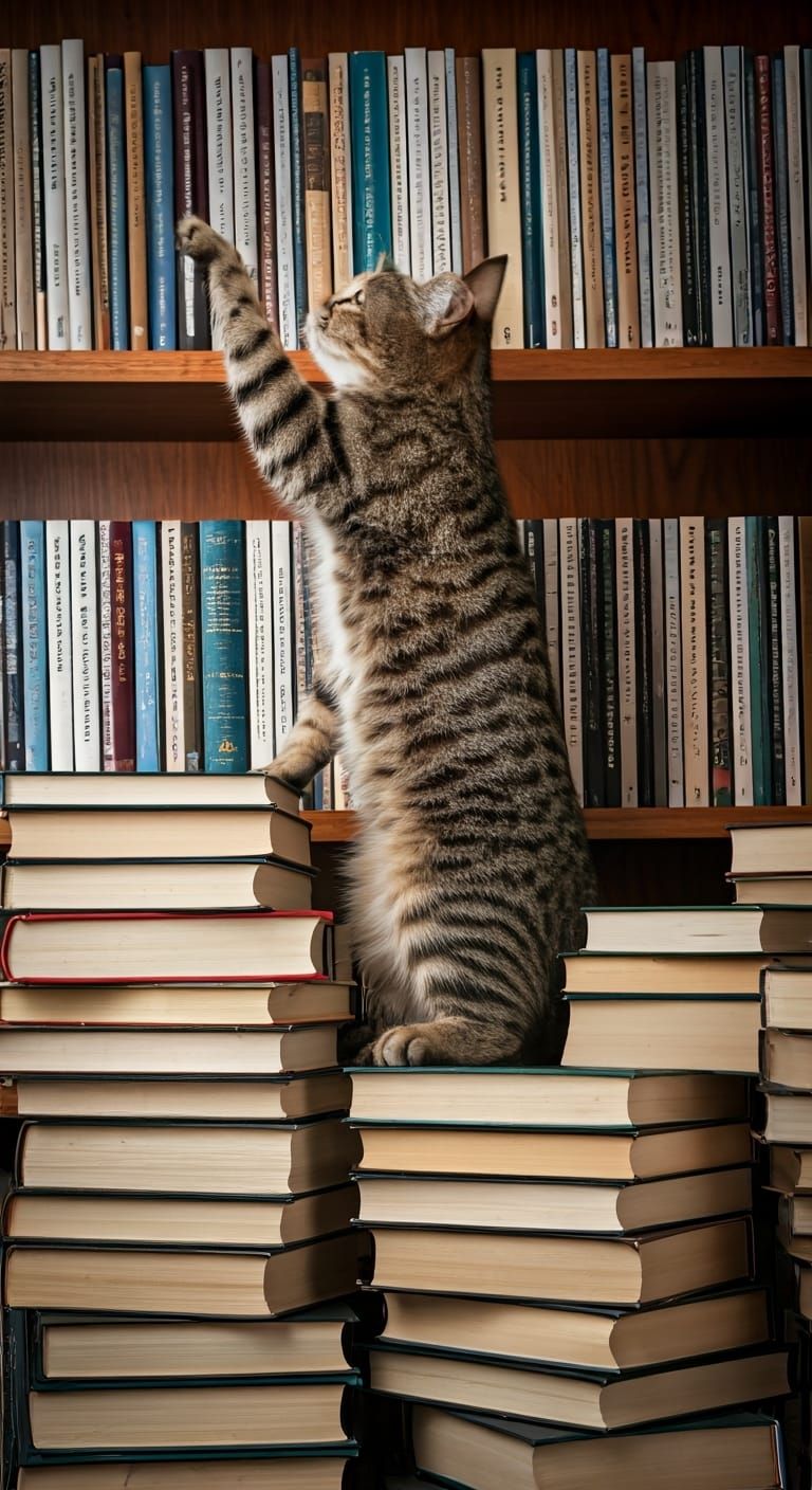 Cat Reaching for Book in Library