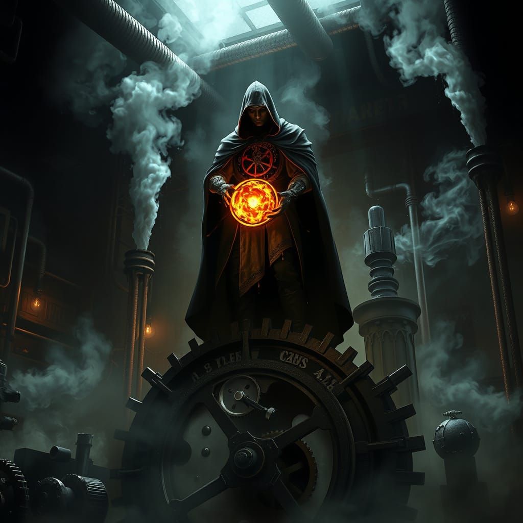 Steampunk Figure with Arcane Artifact in Dark Fantasy Style