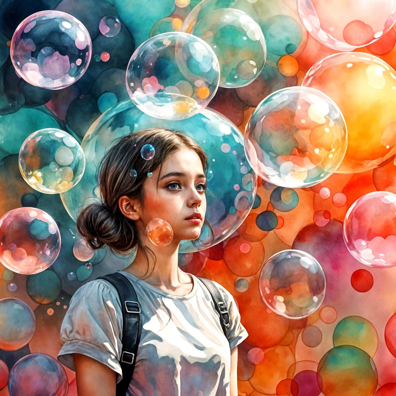 Girl in Giant Bubbles: Sepia Ink Watercolor