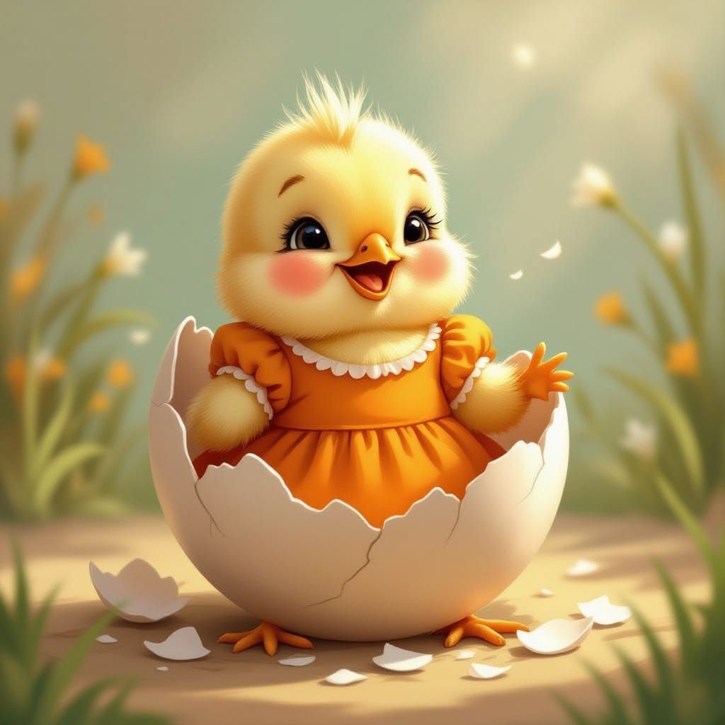 Joyful Baby Chick Hatches in Orange Dress
