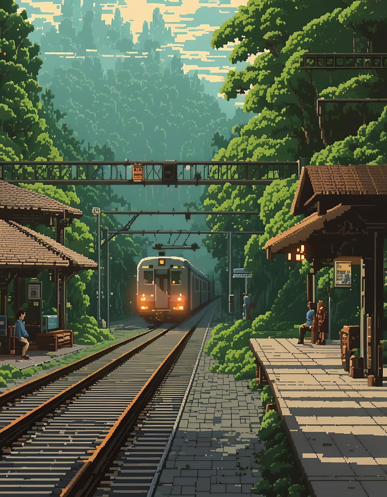 Pixel Art Train Station in Ghibli Style