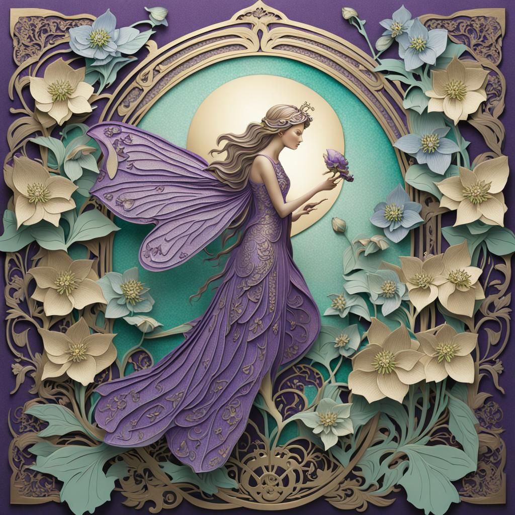 Fairy with Hellebore Flowers in Art Nouveau Style