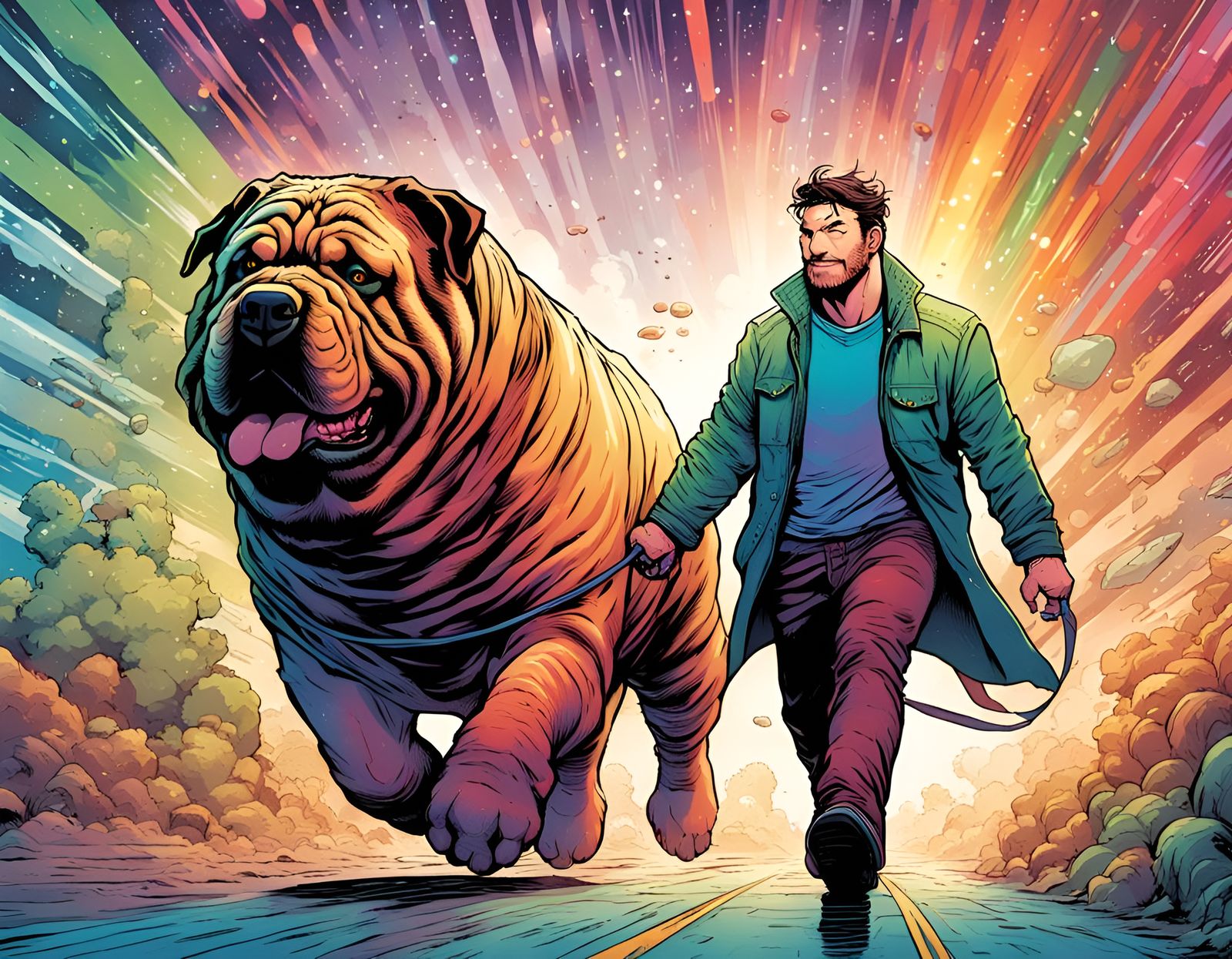 A rainbow coated gay man walking a sharpei