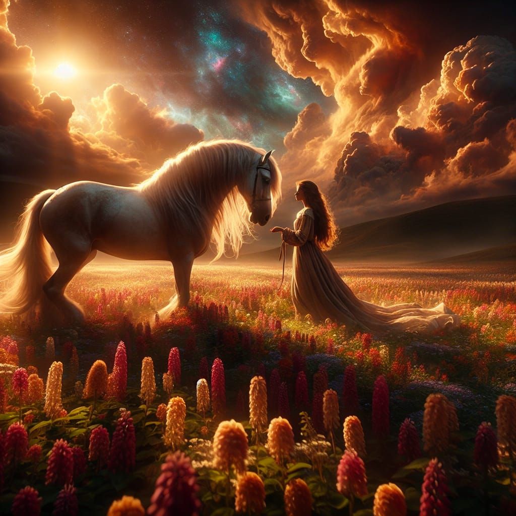 Girl and Horse in Field of Flowers: Digital Painting