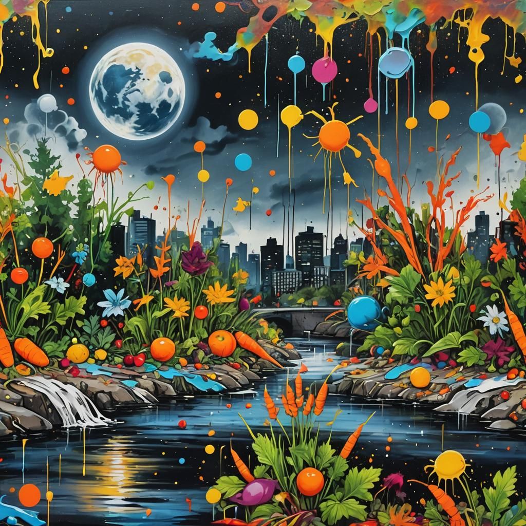 Colorful Autumnal Graffiti Art with Shimmering Moon