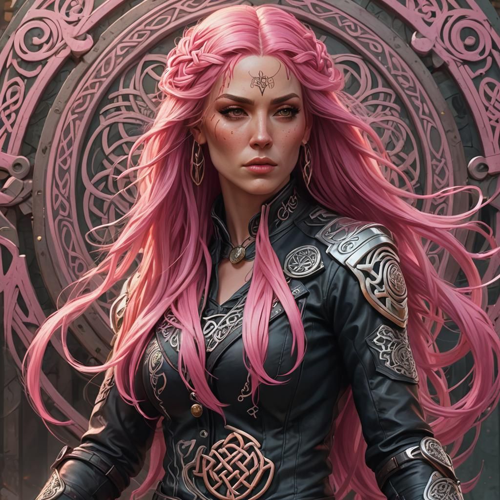 Biker Girl Portrait with Celtic Background