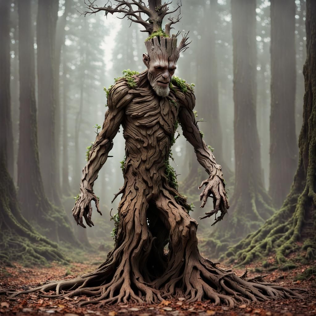 Deformed Groot Tree Creature Walking in Forest