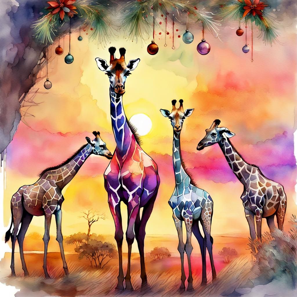 Festive African Animals Celebrate Christmas: Watercolor Illu...