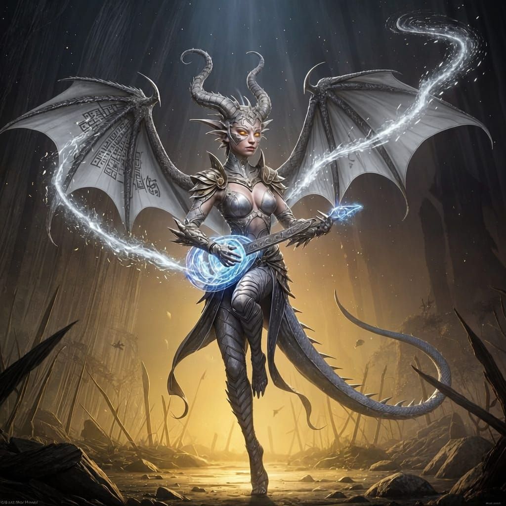 Dragon Woman Dances with Arcane Fire and Runes