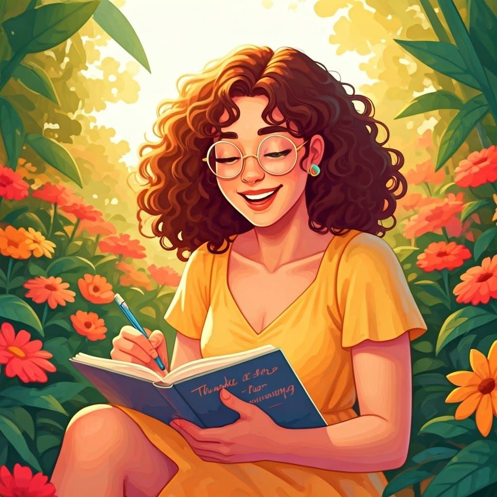 Smiling Woman in Sunny Garden, Digital Illustration