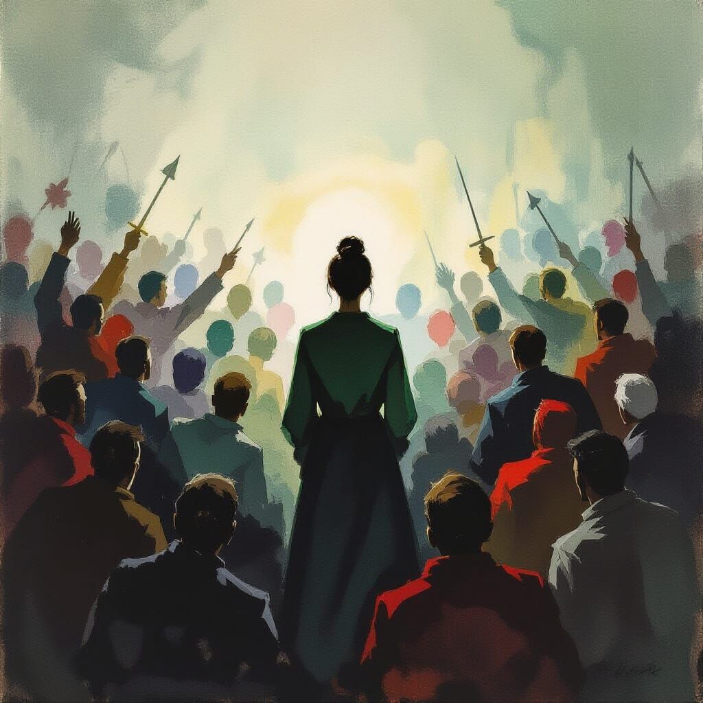 Serene Figure Amidst Angry Crowd Gouache Painting