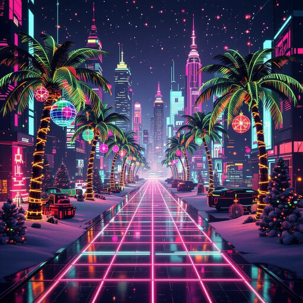 Retro-Futuristic Holiday Cityscape in 80s/90s Style