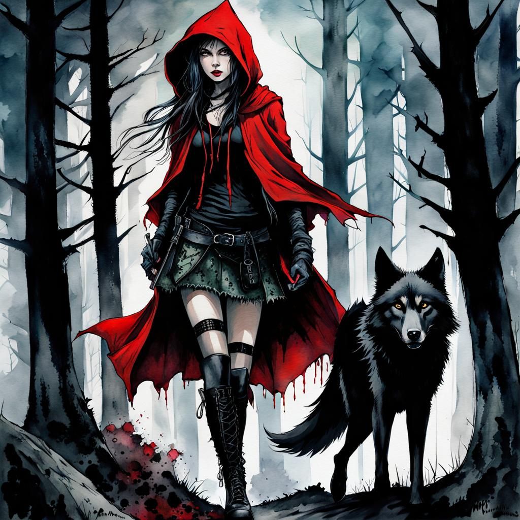Punk Gothic Red Riding Hood in Haunted Forest