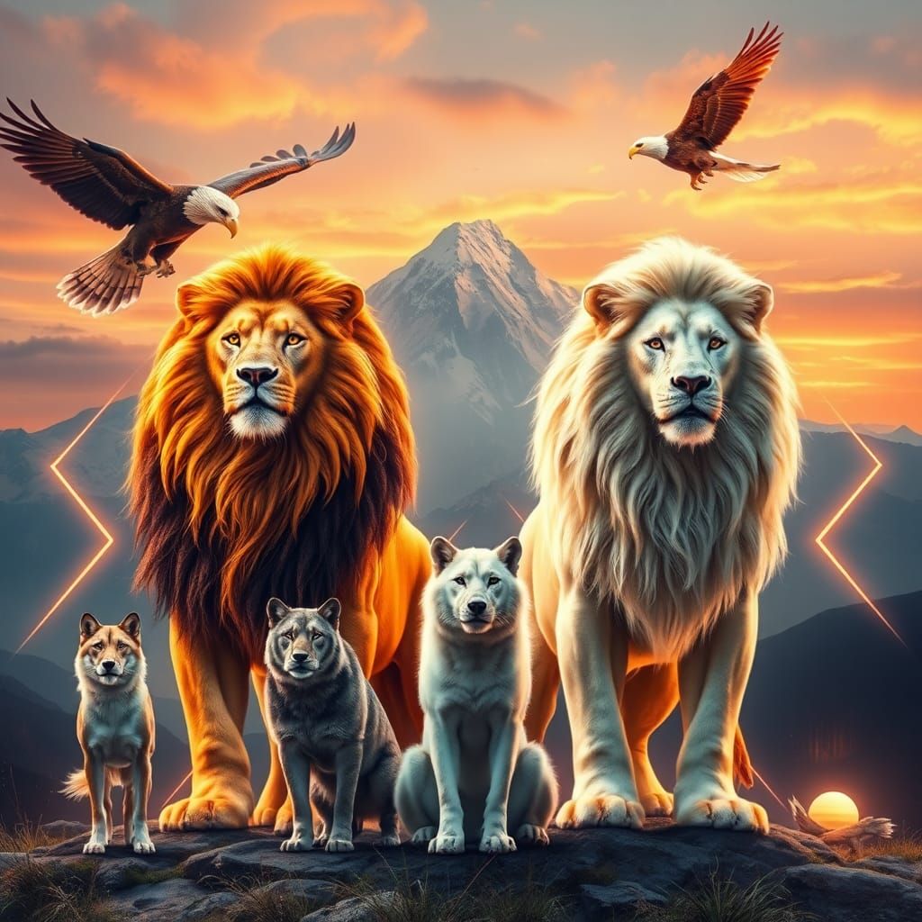 Golden and White Lions United in Futuristic Landscape