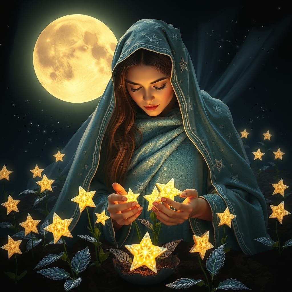 Moonlight Gardener Nurturing Stars in Ethereal Garden