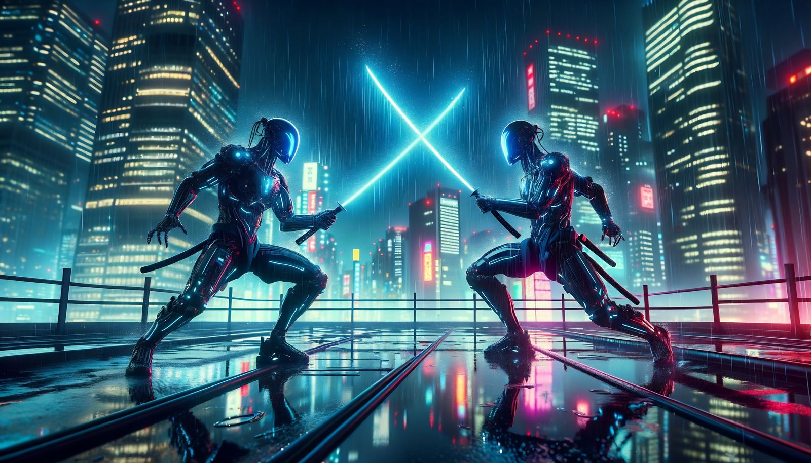 Cyberpunk Samurai Duel Under Neon Tokyo