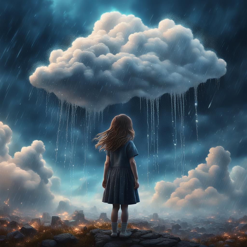 Weeping Girl in Sky Rains Tears