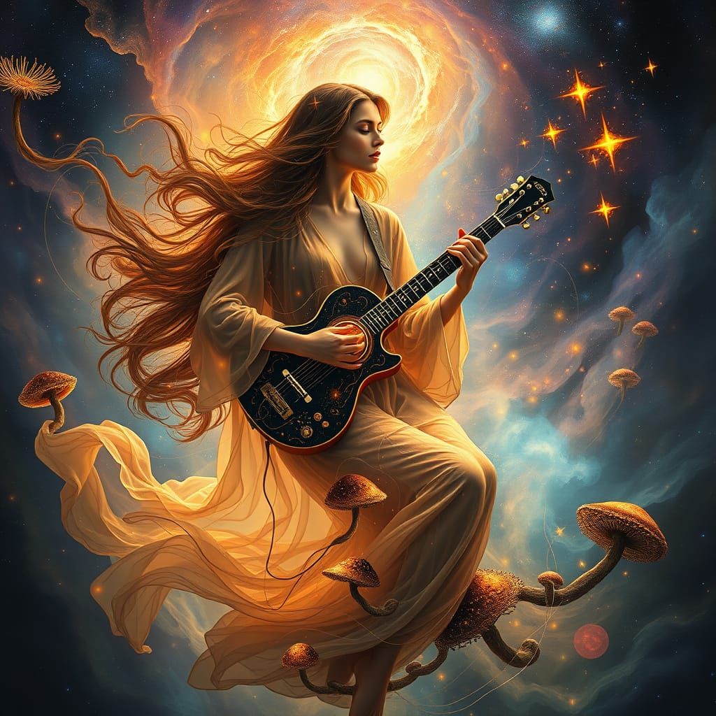 Cosmic Surrealist Painting of Glowing Woman in Nebula