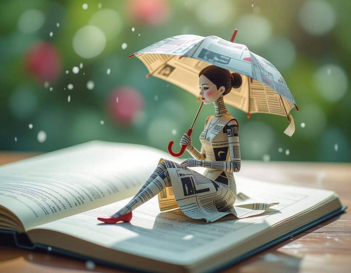 Micro-Girl Made of Newspaper Letters on Sketchbook