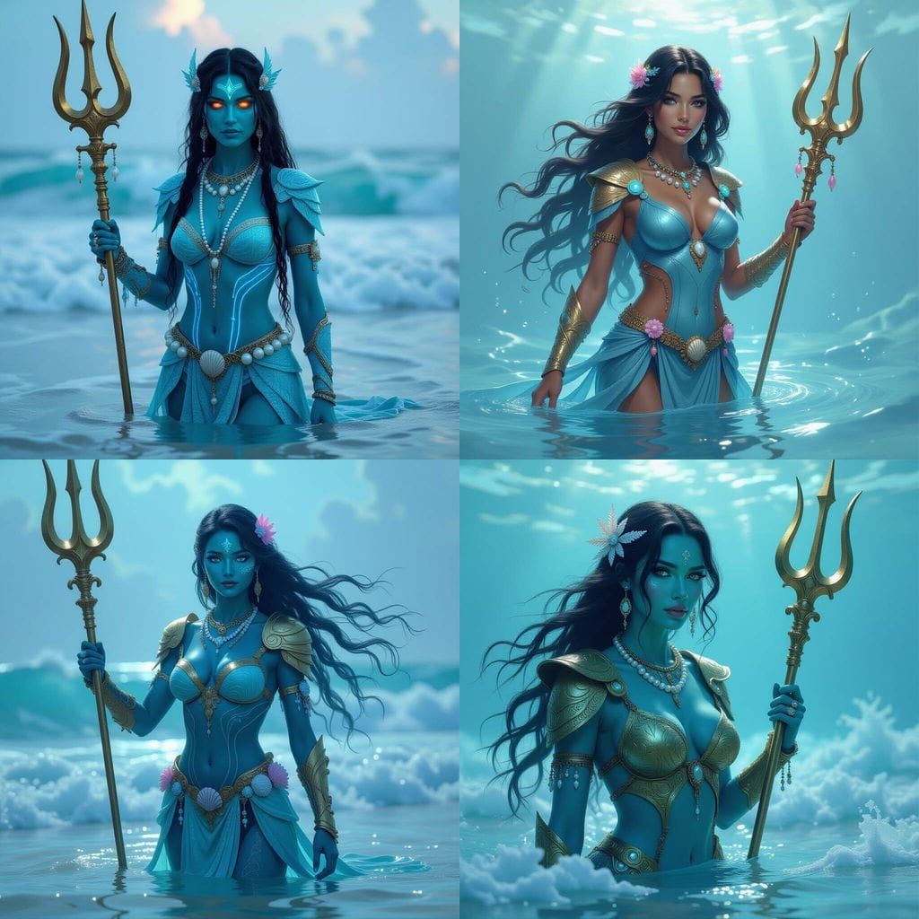 Radiant Ocean Woman with Trident in Raging Waters