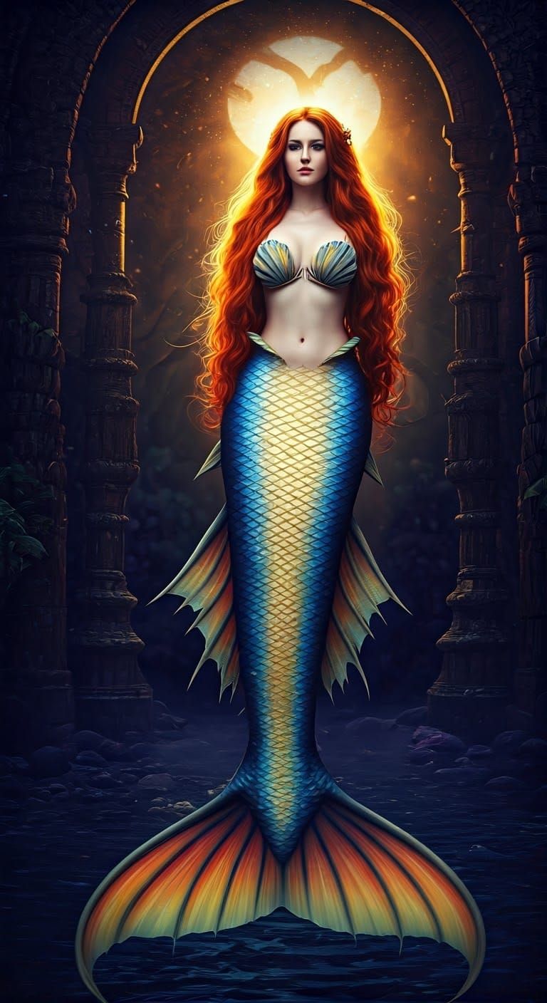 25 year old mermaid with very long red hair and very long latex fish tail, rounded of his body