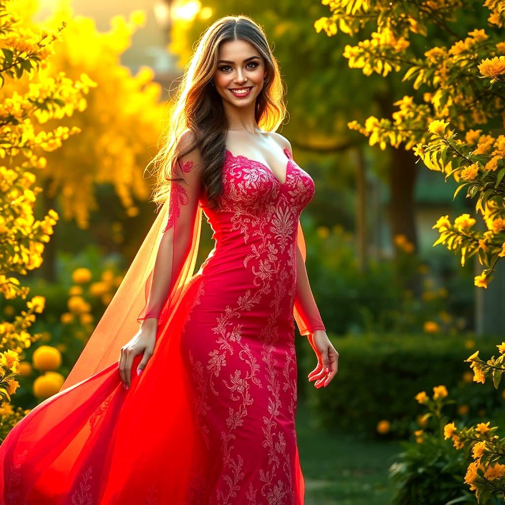 Beautiful Woman in Red and Gold Dress