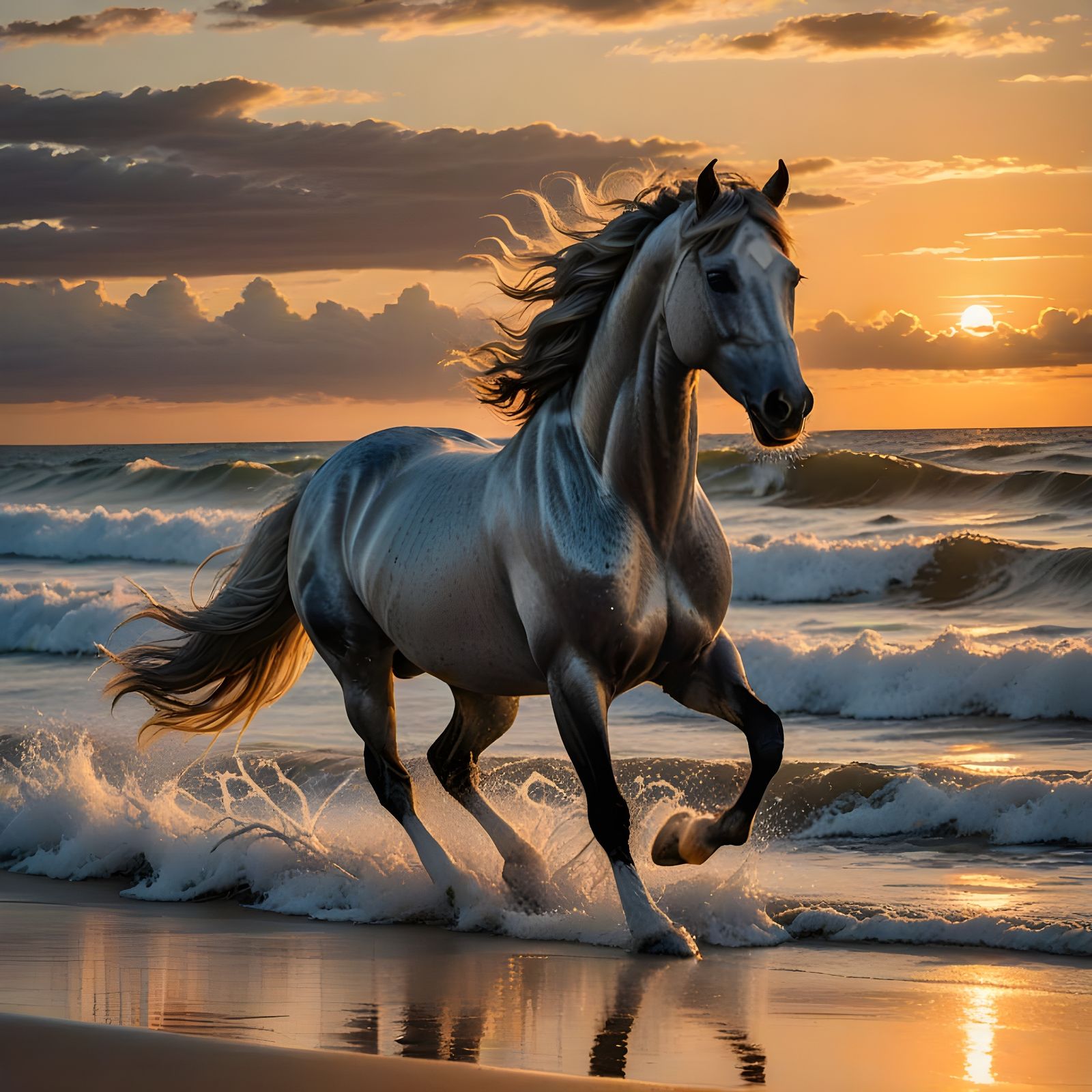 Silver Horse Galloping on a Sunset Beach