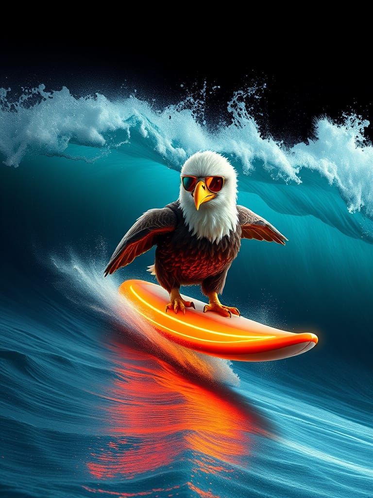 Surreal Eagle Surfs Bioluminescent Wave in 3D