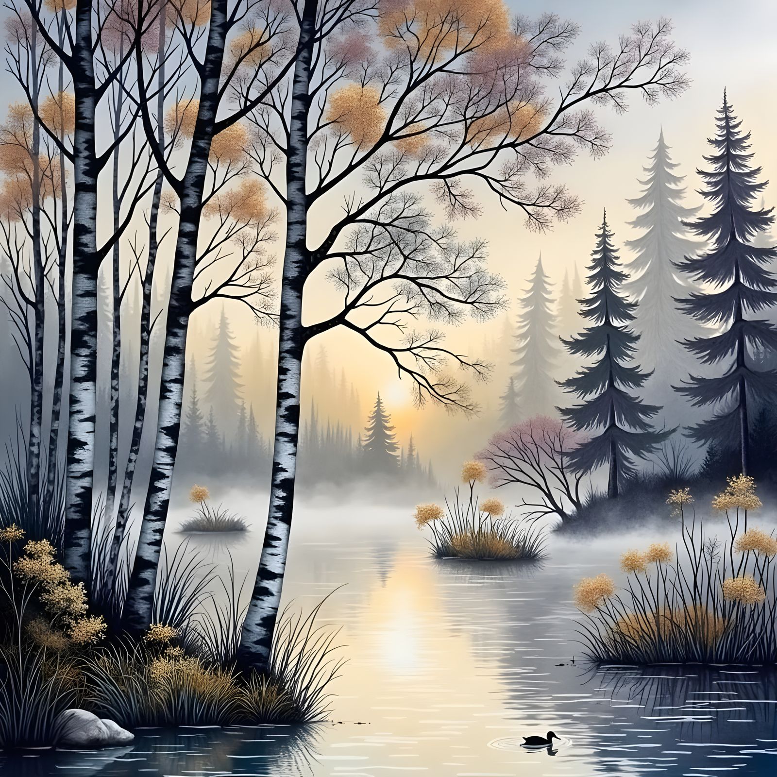 Misty Sunrise on Loon Lake with Majestic Birch Tree Forest