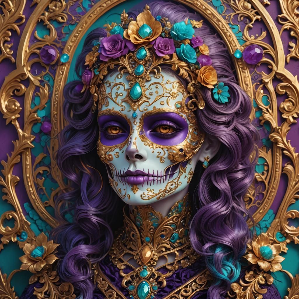 Ornate Sugar Skull in Oil-on-Canvas Style
