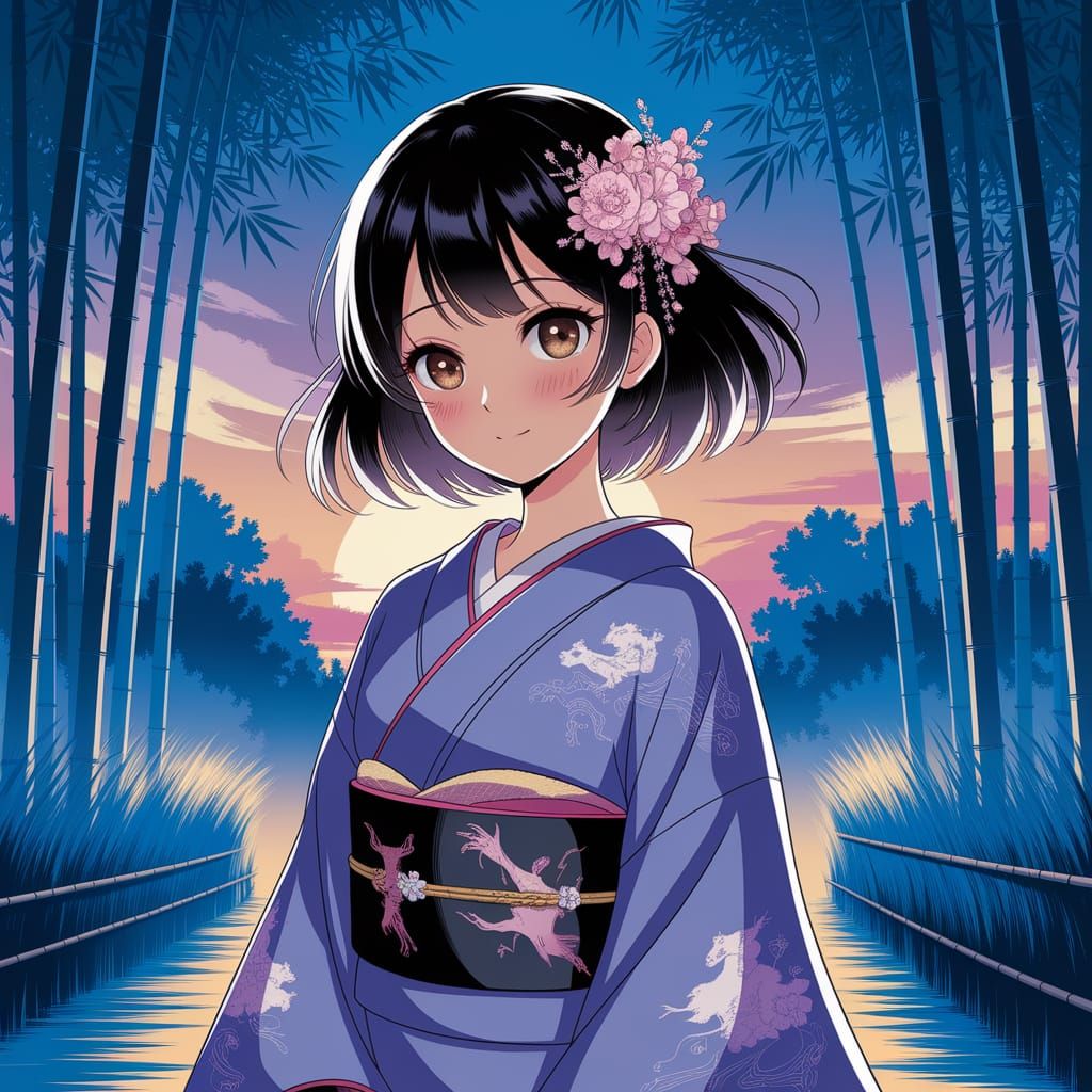 Anime Woman in Bamboo Forest, Ghibli Style