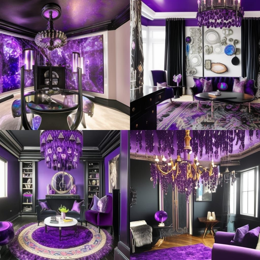 Witchy penthouse with amethyst walls, Black obsidian frames& Black opal accents& Rainbow opal ceiling with purple labrad...