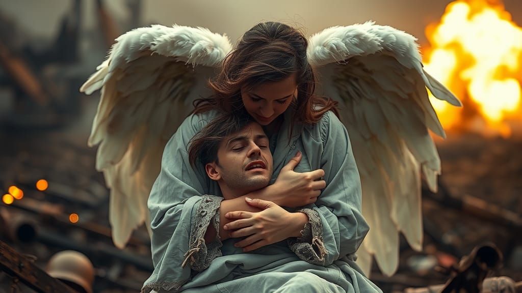 Angel Embraces Soldier in Battlefield Carnage