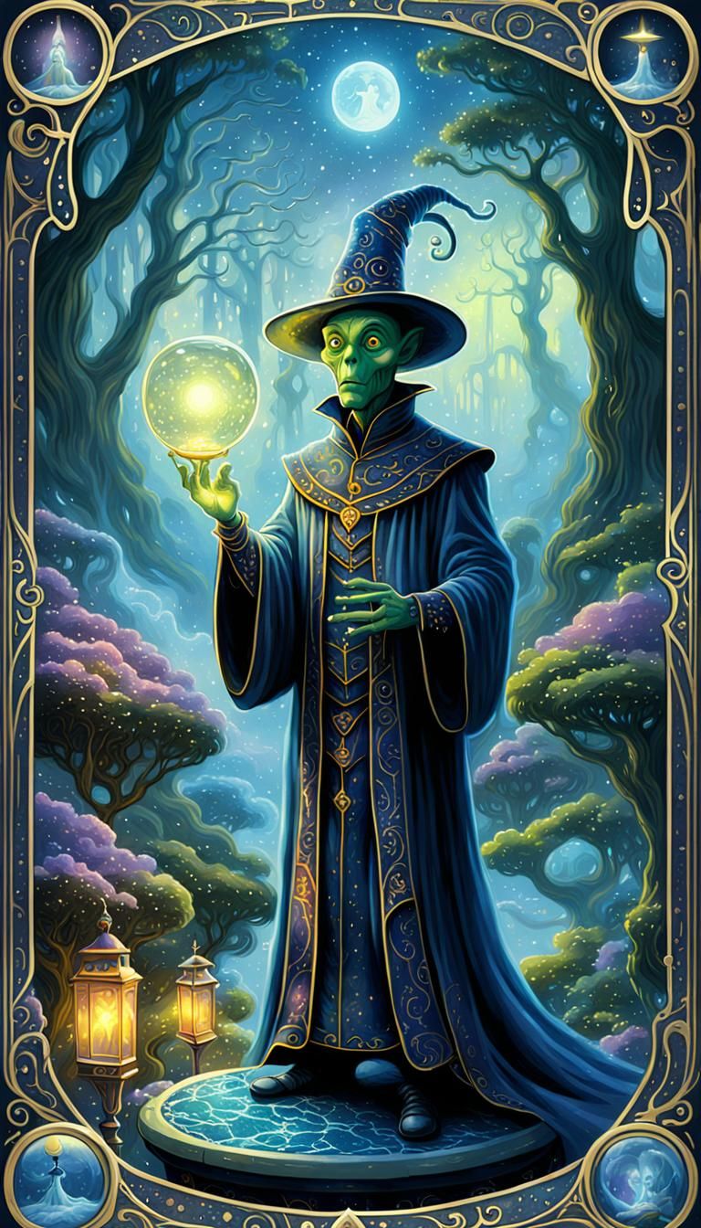 Alien-Themed Magician Tarot Card in Cartoon Style