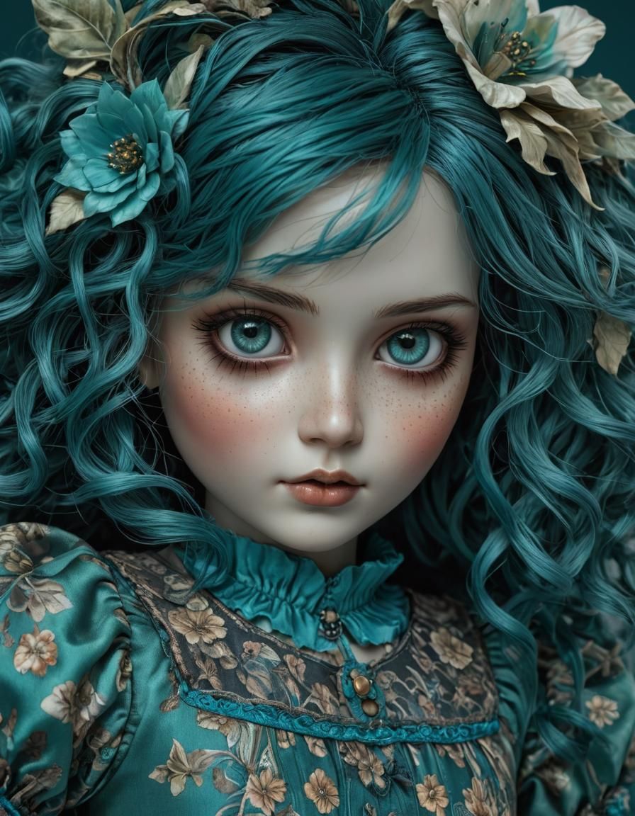Rag Doll in Teal Floral Dress: Digital Illustration