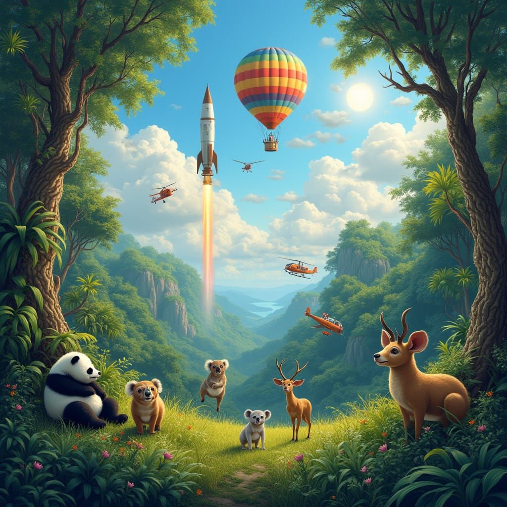 Jungle Scene with Animals and Flying Machines